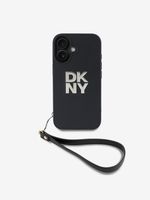 DKNY PU Leather Stack Logo Wrist Strap Zadní Kryt pro iPhone 16 Black Etui za telefon ljubičasta