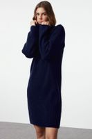 Trendyol Navy Blue Mini Knitwear Stand Collar Soft Textured Sweater Dress