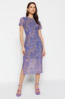 Trendyol Blue Printed Short Sleeve Crew Neck Fitted Flexible Midi Tulle Pencil Dress