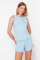 Trendyol Blue 100% Cotton Ruffle Detailed Knitted Pajama Set