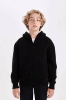 DEFACTO Boy Basic Knitwear Polar Fleece Lined Hooded Zippered Black School Cardigan