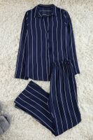 Trendyol Navy Blue Striped Slit Detailed Viscose Shirt-Pants Woven Pajama Set