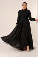 By Saygı Beaded Embroidered Lined Plus Size Long Chiffon Dress with Flounce on the Front