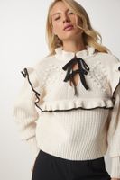 Happiness İstanbul Women's Cream Frilly Bow Collar Knitwear Sweater