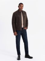 Ombre Men's retro biker jacket with stand-up collar - brown