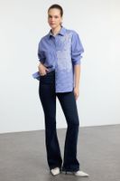 Trendyol Blue Floral Embroidery Detailed Oversize Wide Pattern Shirt