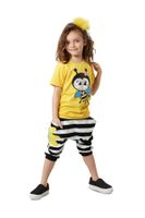 Denokids Bee Patterned Striped Girl's Yellow Summer T-shirt Capri Shorts Set