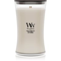 Woodwick Tonka & Almond Milk dišeča sveča z lesenim stenjem 610 g