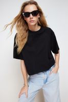 Trendyol Black 100% Cotton Cutout Detailed Relaxed Crop Knitted T-Shirt