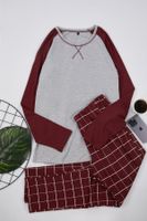 Trendyol Claret Red - Gray Men's Regular Fit Raglan Sleeve Checked Knitted Pajama Set