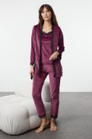 Trendyol Damson 3 Pack Belted Lace Rope Strap Velvet Knitted Pajama Set