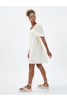 Koton Linen Midi Dress Short Balloon Sleeves Back Window Detailed Lined