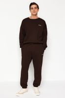 Trendyol Dark Brown Oversize/Wide Cut Text Print Warm Sweatshirt Tracksuit