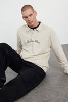 Trendyol Stone Oversize/Wide Cut Letter Printed Polo Neck Sweatshirt