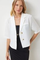 Happiness İstanbul Women's White Shawl Collar Seasonal Linen Ayrobin Shirt Jacket