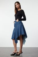 Trendyol Blue Stitch Detailed Asymmetric High Waist Midi Denim Skirt