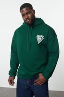 Trendyol Emerald Green Plus Size Hooded Oversize/Wide Cut Fleece Printed Sweatshirt