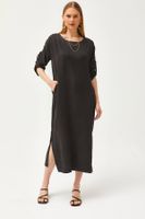 Olalook Women's Black Pocket Slit Linen Content Loose Dress