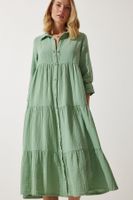 Happiness İstanbul Women's Green Muslin Flared Shirt Dress