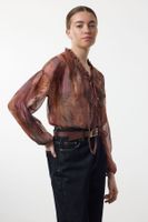 Trendyol Brown Ethnic Pattern Ruffle Detailed Oversize Wide Pattern Shirt