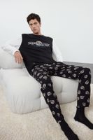 Trendyol Men's Black Printed Regular Fit Knitted 100% Cotton Pajama Set