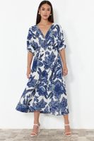 Trendyol Blue Floral A-Line Double-Breasted Midi Woven Dress