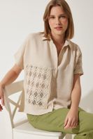 Happiness İstanbul Women's Cream Crochet Lace Detailed Linen Shirt