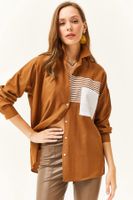 Olalook Women's Brown Pocket Detailed Oversize Woven Shirt