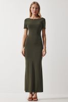 Happiness İstanbul Women's Khaki Low-cut Long Sandy Knitted Dress