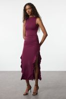 Trendyol Plum Bodycone Zero Sleeve Slit Ruffle Detail Flexible Maxi Pencil Dress