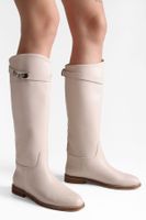 Shoeberry Women's Larissa Beige Skin Buckle Riding Boots Beige Skin