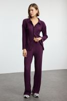 Trendyol Plum Pleated Oversize/Wide Pattern Buttoned Knitted Top-Bottom Set