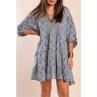 Kurzes Baumwollkleid Mit Print, Dunkelblau