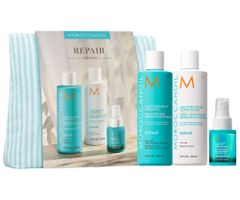 Darčeková sada pre regeneráciu poškodených vlasov Moroccanoil Repair Collection + bezoplachová starostlivosť a taštička zadarmo + darček zadarmo