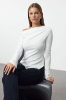 Trendyol Ecru Draped Boat Neck Asymmetric Flexible Knitted Blouse