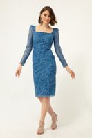 Lafaba Women's Indigo Square Neck Silvery Midi Evening Dress