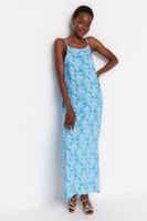 Trendyol Blue Straight Cut Maxi Woven Viscose Strap Patterned Woven Dress