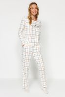 Trendyol White 100% Cotton Plaid T-shirt-Pants Knitted Pajama Set