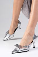 Mio Gusto Alexa Metallic Silver Color Pointed Toe Bow Accessory Women's Heels Party and Evening Shoes