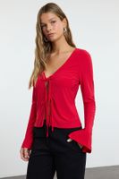 Trendyol Red Body-Sit Regular/Normal Pattern Elastic Knitted Blouse with Tie Detail