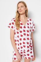 Trendyol White 100% Cotton Strawberry Patterned T-shirt-Shorts Knitted Pajama Set