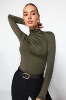 Trendyol Khaki Gathered Detailed High Neck Snap Snap Elastic Knitted Body