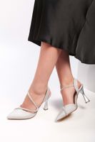 Shoeberry Women's Silvy Silver Satin Stone Heeled Shoes