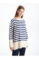 LC Waikiki Classic Navy Blue Striped Crew Neck Striped Oversize Women's Knitwear Sweater