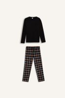 DEFACTO Pajama Set Regular Fit Crew Neck Basic Plain Long Sleeve Top Plaid Long Bottom