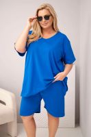Komplet damski plus size z bluzką i spodenkami, niebieski