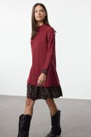 Trendyol Burgundy Floral Printed Mini Thessaloniki Stand Collar Knitted Dress