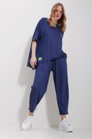 Trend Alaçatı Stili Women's Indigo Crew Neck Asymmetric Cut Coated Blouse And Trousers Suit