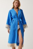 Happiness İstanbul Women's Blue Tassel Guipure Detail Long Linen Kimono