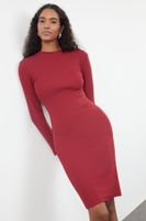 Trendyol Burgundy Fitted Long Sleeve Ribbed Stretchy Knitted Dress